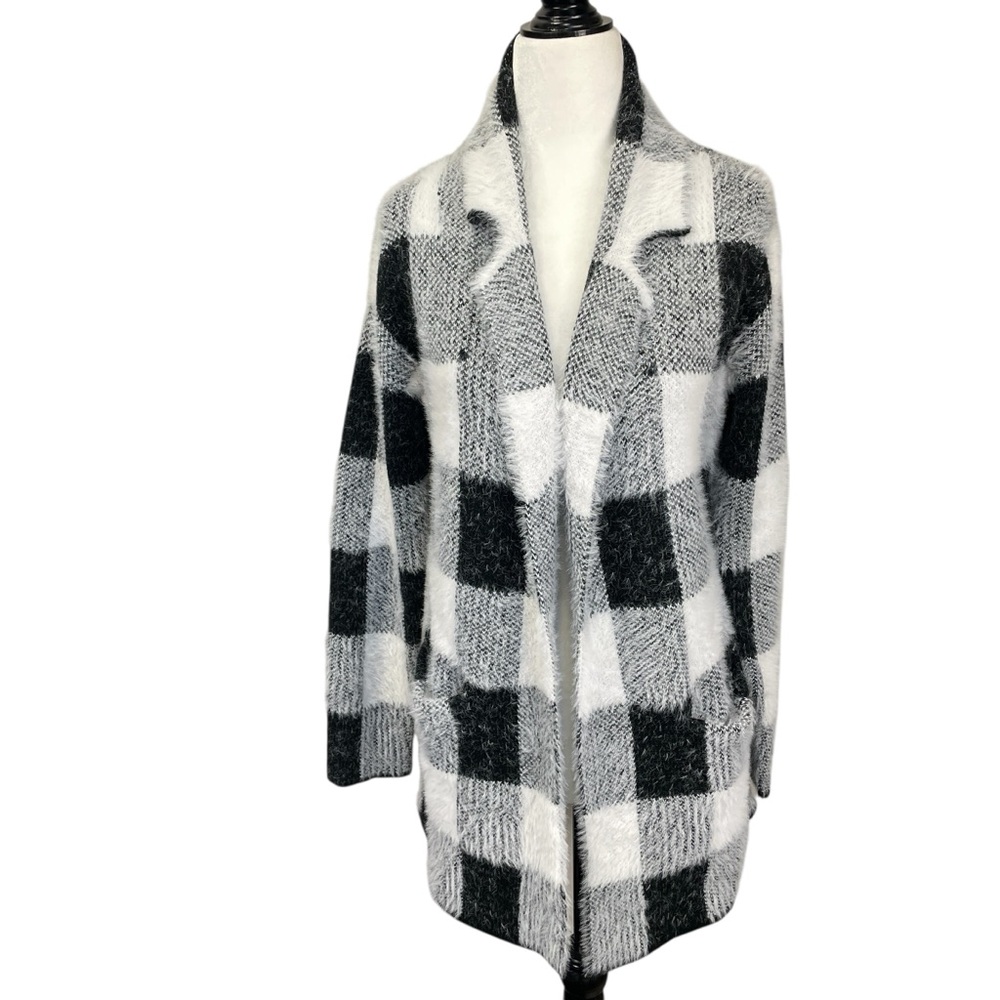 Open Front Collared Cardigan Coat Jacket Buffalo Plaid Black & White Size S